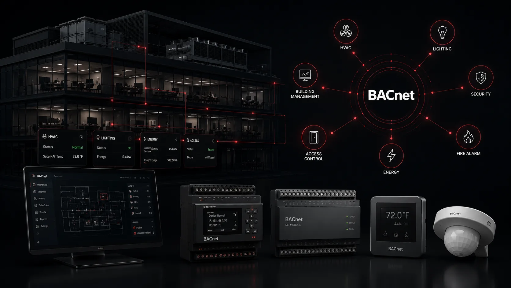 BACnet building-management devices connecting HVAC, lighting, security, access, fire, and energy systems