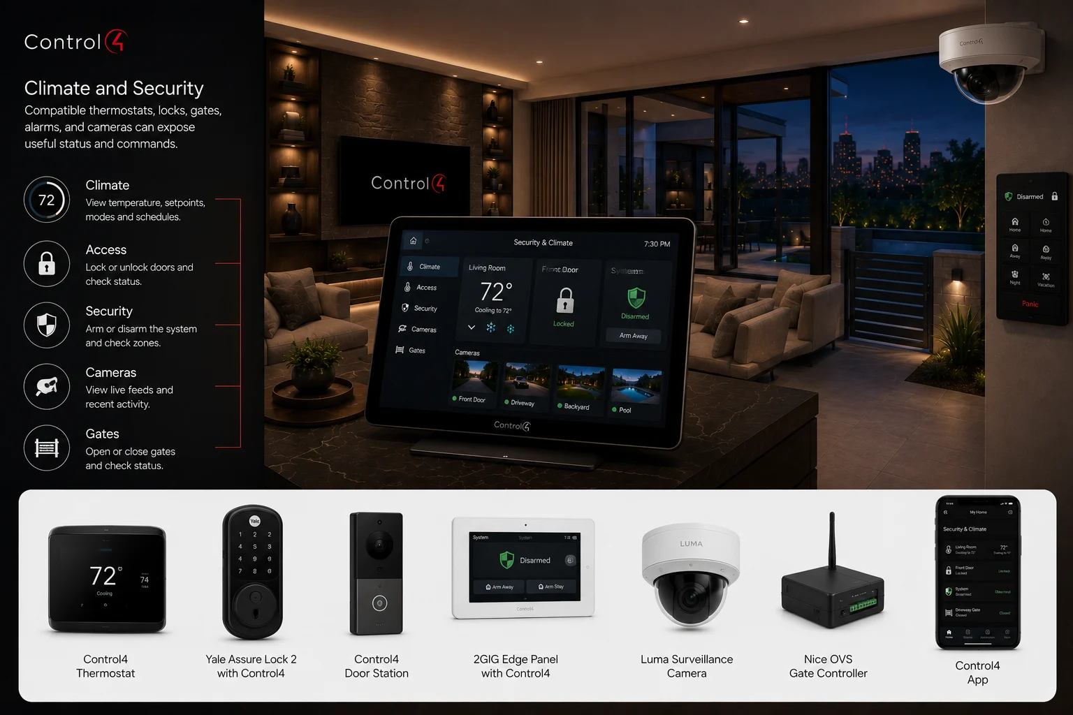 Control4 climate and security controls for temperature, access, alarms, cameras, and gates