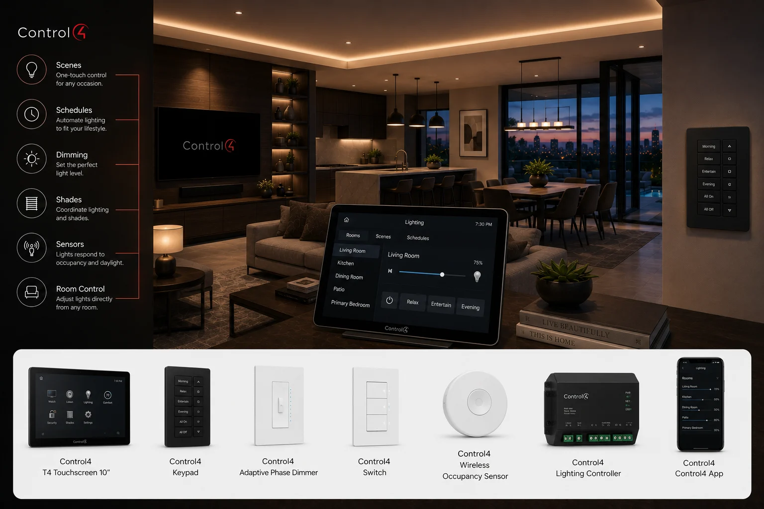 Control4 lighting integration with scenes, schedules, dimming, shades, sensors, and room controls