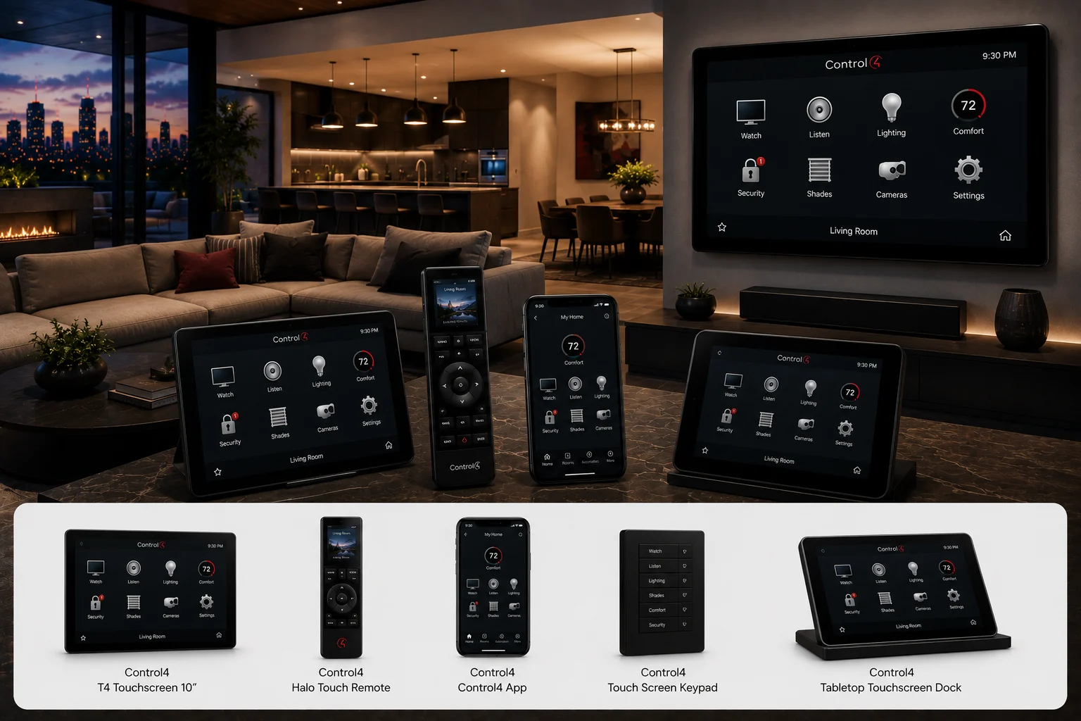 Control4 mobile, remote, tabletop, and wall-mounted touchscreen interfaces in a modern residence