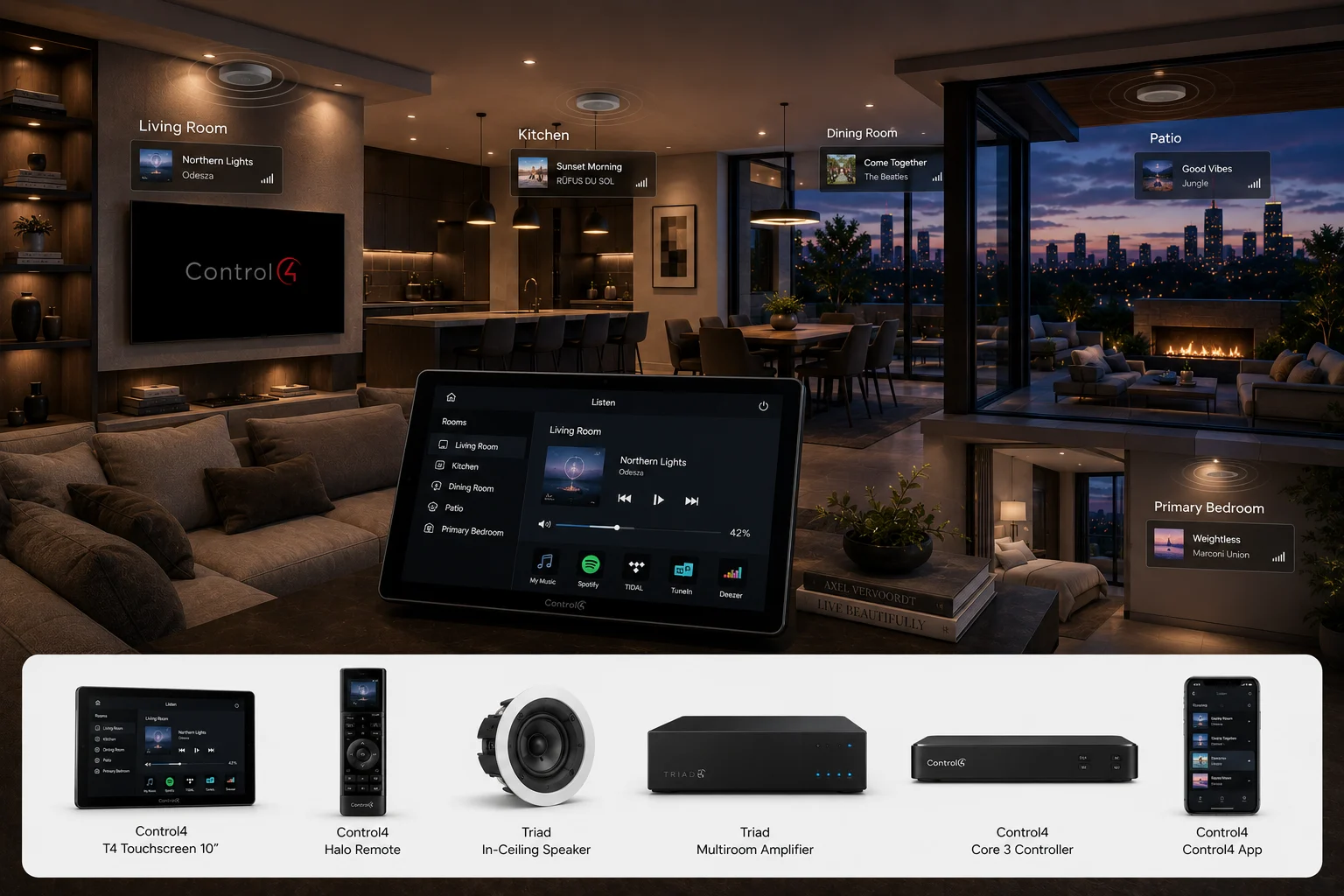 Control4 multiroom audio playing independent music across living room, kitchen, dining room, patio, and bedroom zones