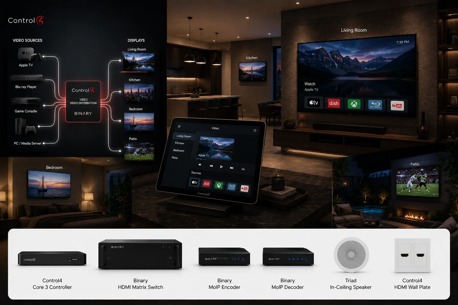 Control4 video distribution routing media sources to displays throughout a modern residence