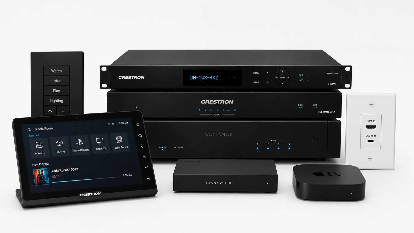 Crestron audio and video distribution equipment with touchscreen and media sources