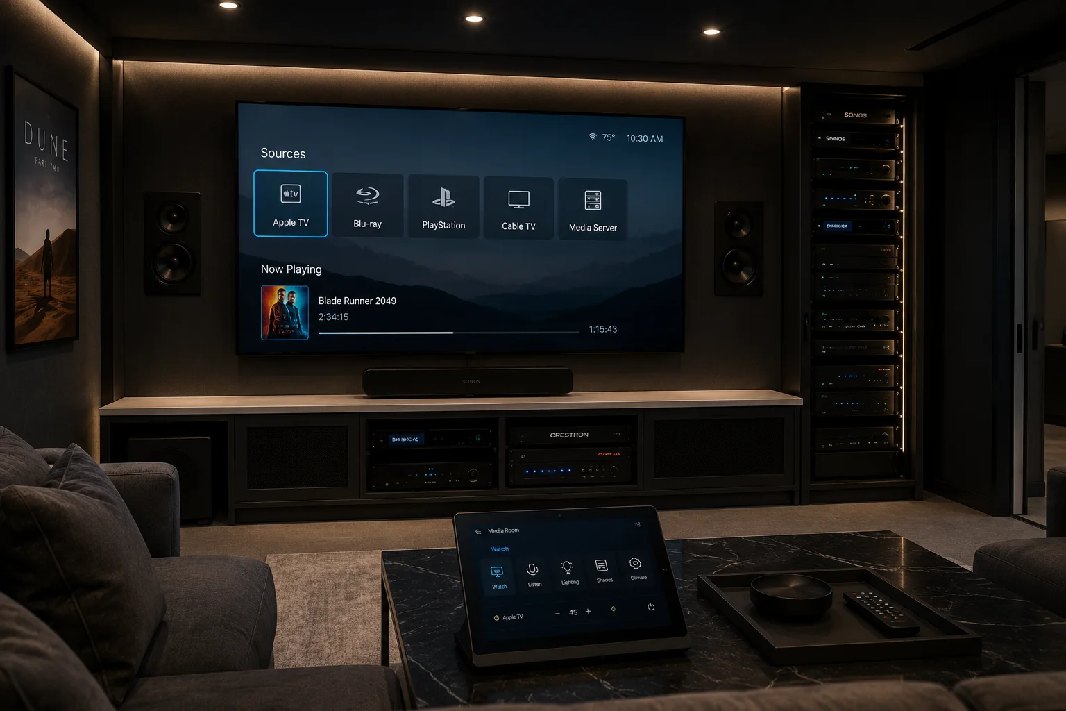 Crestron audio and video distribution system in a dedicated media room
