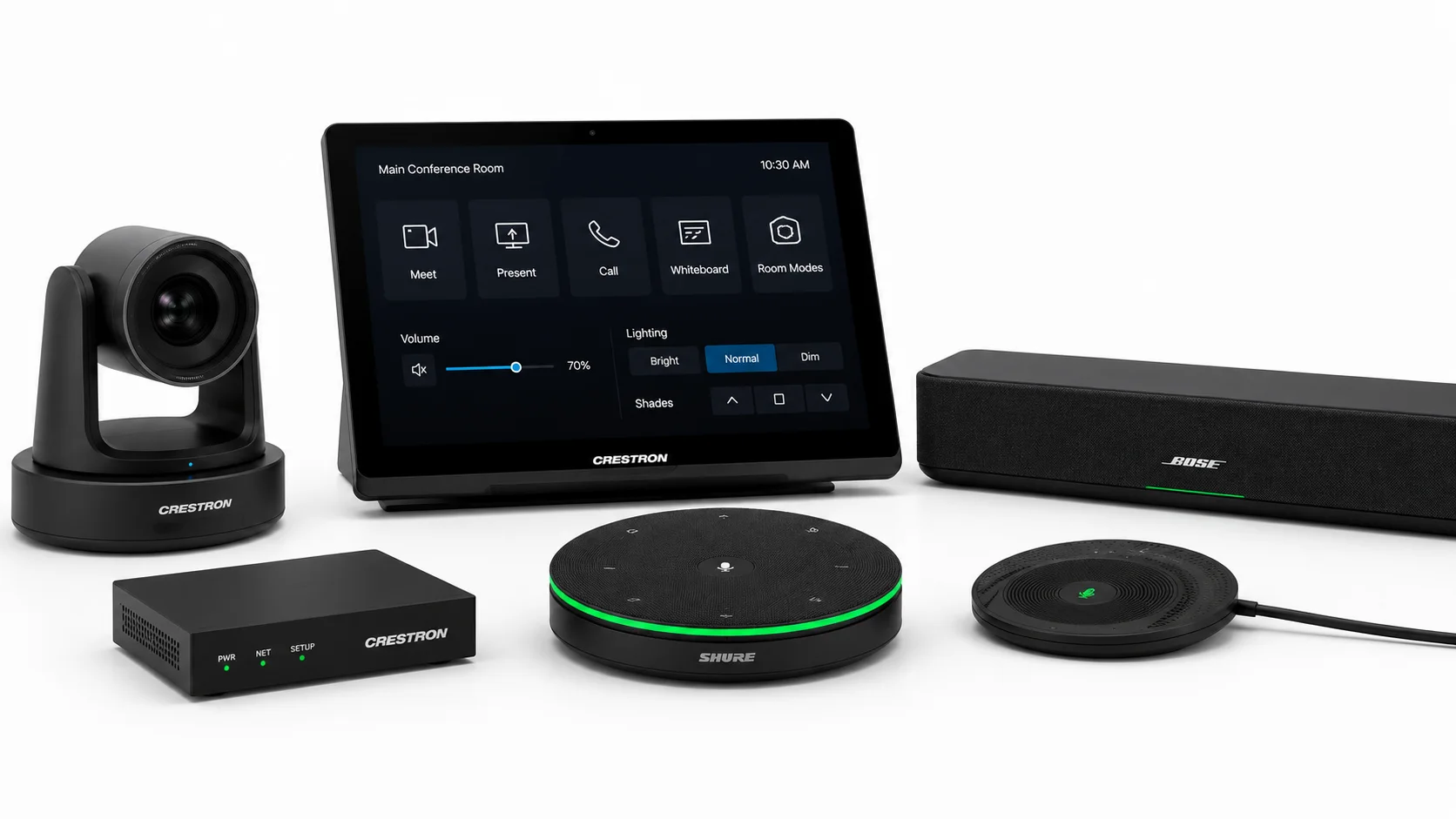 Conference room camera, Crestron touchscreen and processor, speakers, and microphones