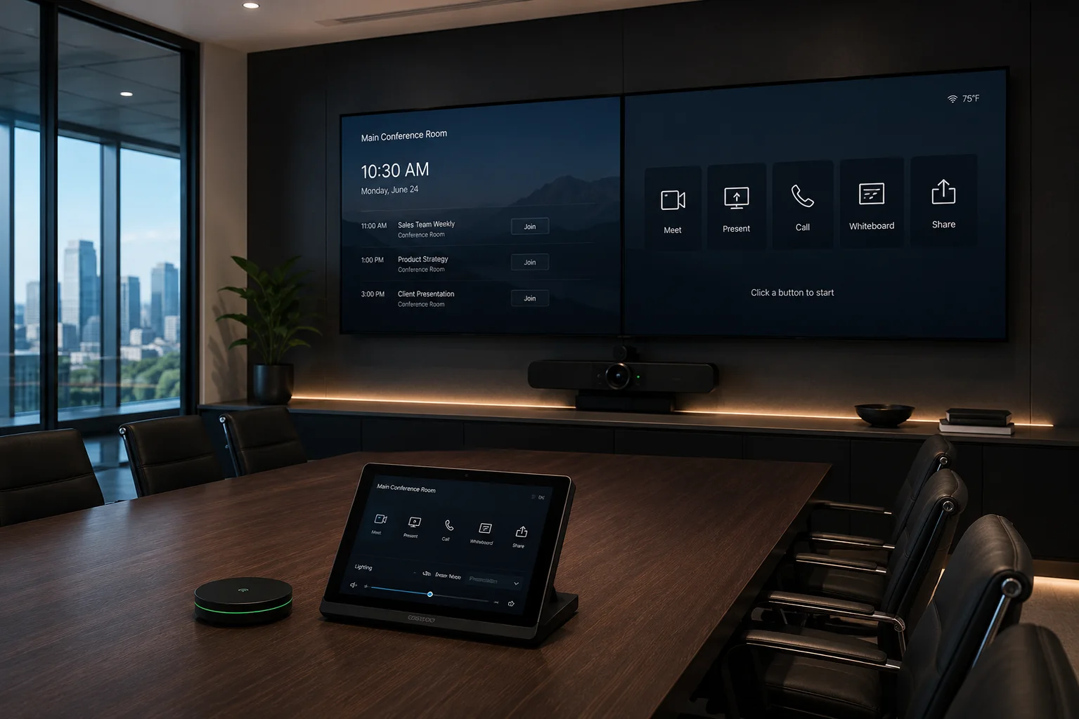 Crestron conference room control system with dual displays and tabletop touchscreen