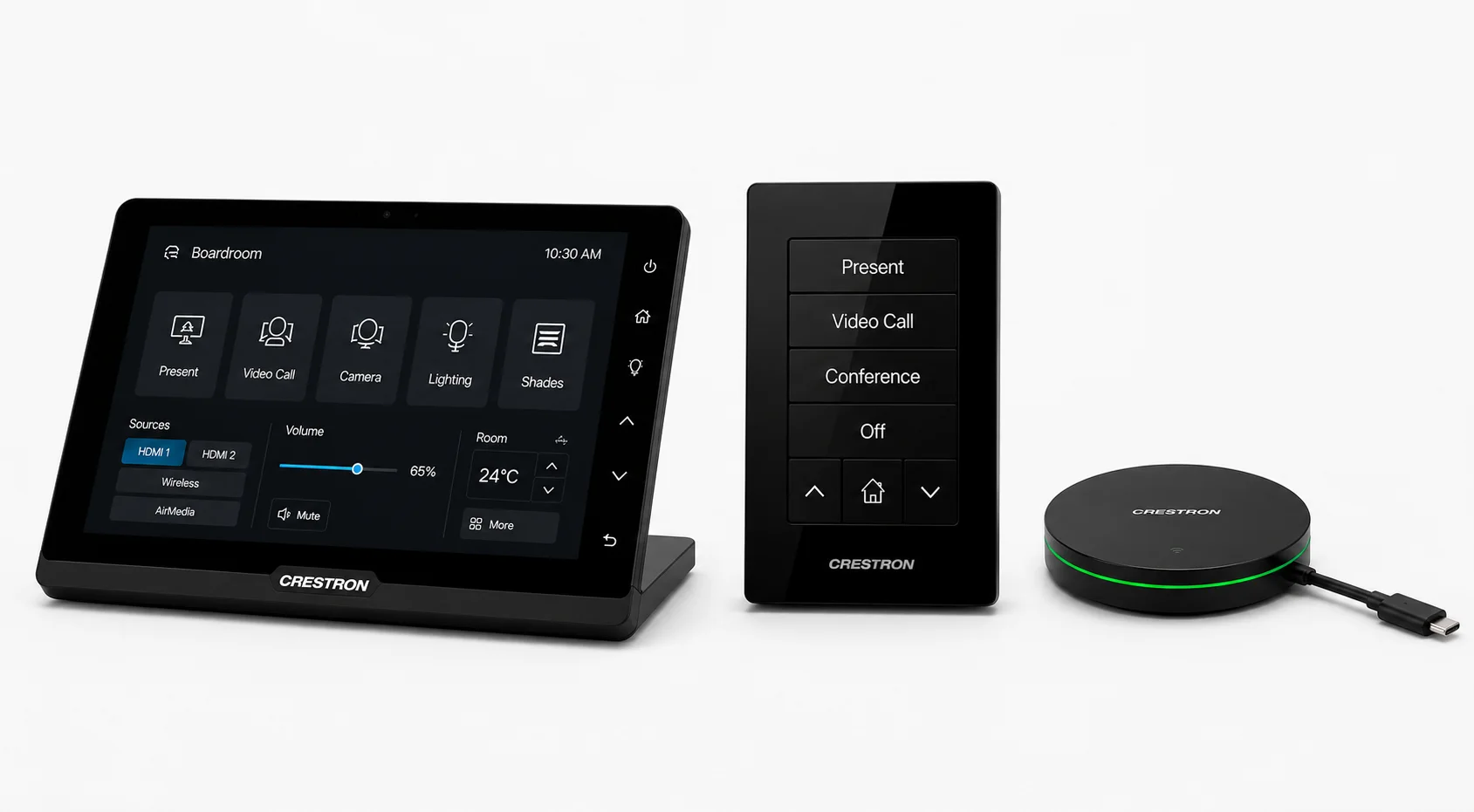 Crestron touchscreen, personalized wall keypad, and wireless presentation device