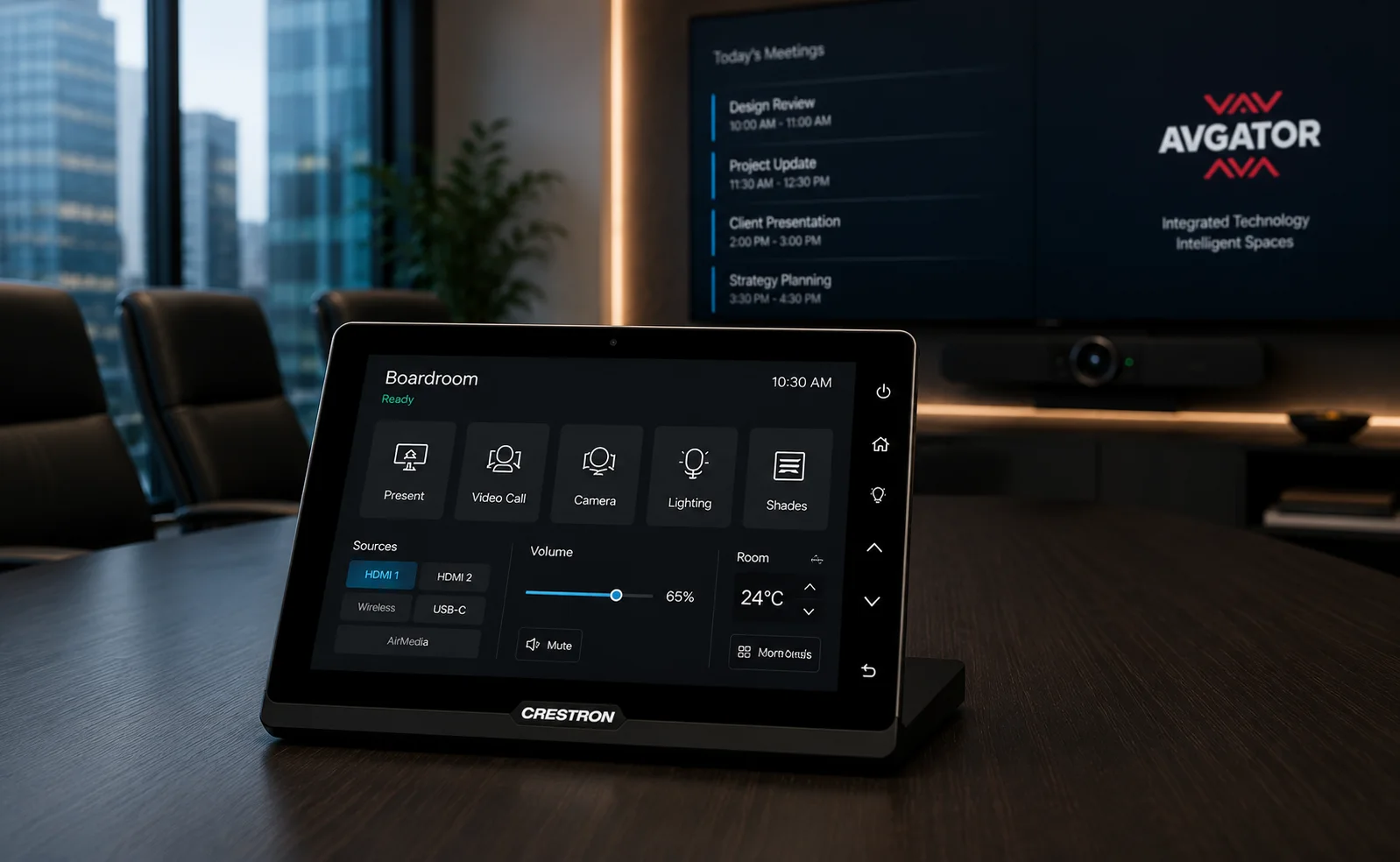 Personalized Crestron touchscreen interface in a modern boardroom
