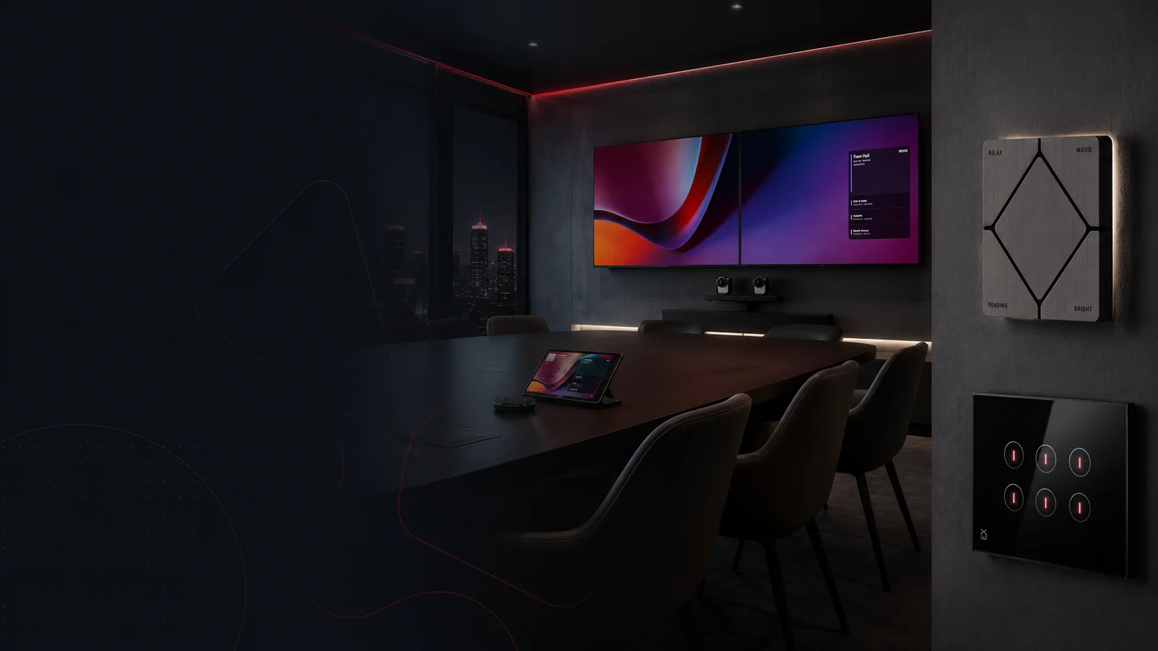 Crestron-controlled conference room with integrated displays, tabletop controls, and wall keypads