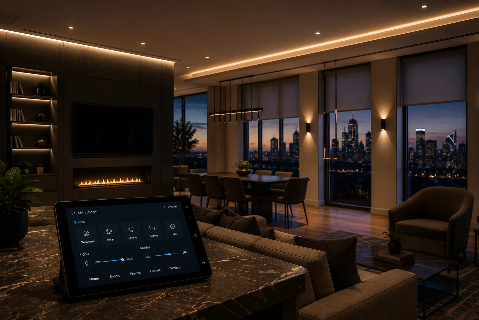 Crestron lighting and shading control in a luxury living space at dusk