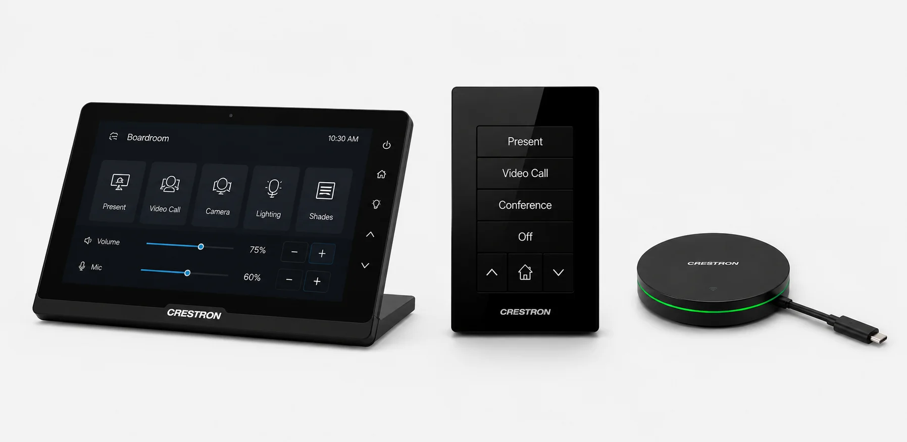 Crestron touchscreen, wall control, and wireless presentation device