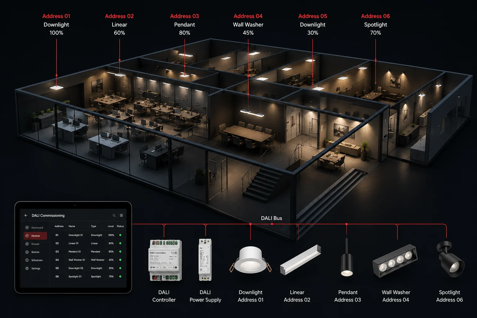 DALI addressable lighting system with six individually controlled downlights, linear fixtures, pendants, wall washers, and spotlights