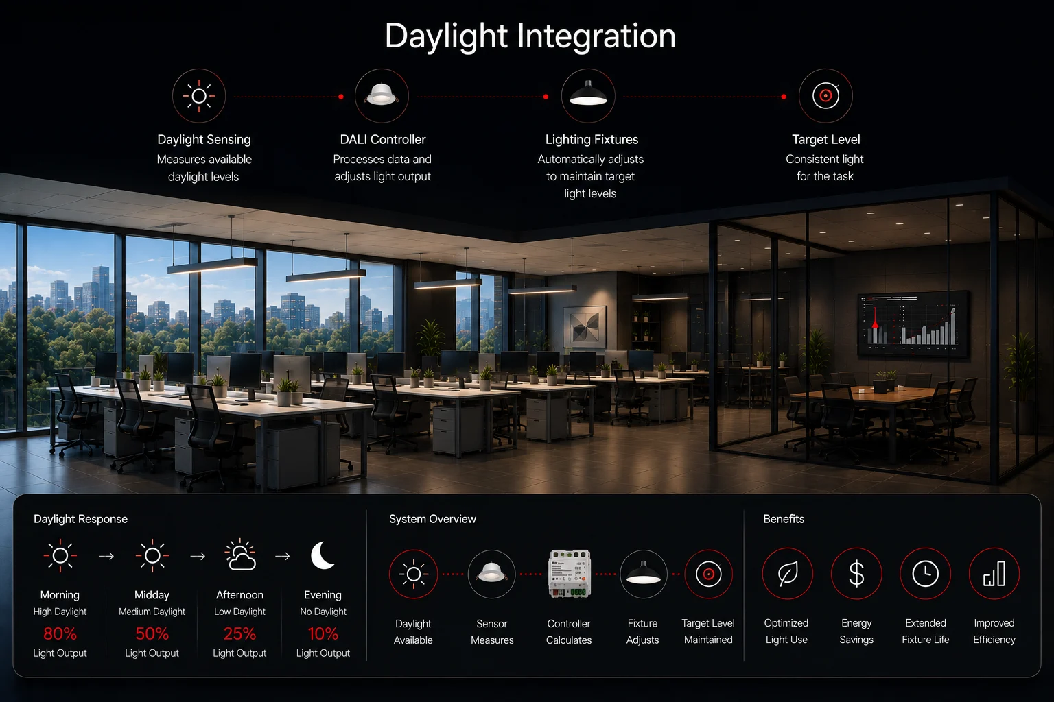 DALI daylight integration using sensors and automatic fixture dimming to maintain a consistent target light level in an office