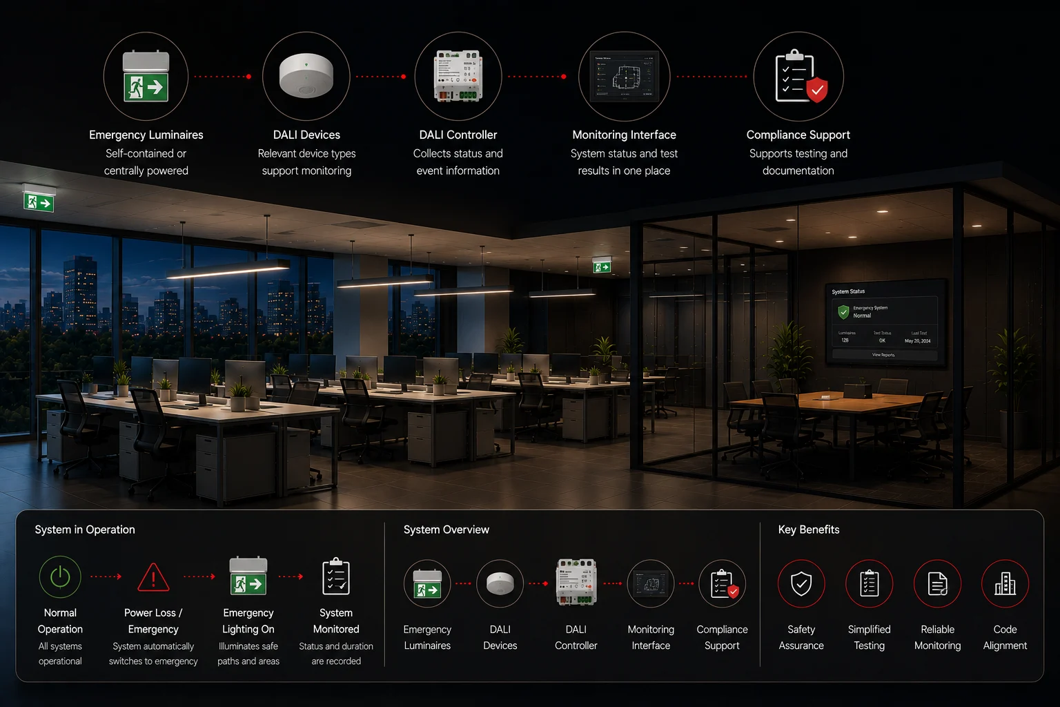 DALI emergency lighting monitoring system with luminaires, controllers, test status, compliance records, and safety reporting