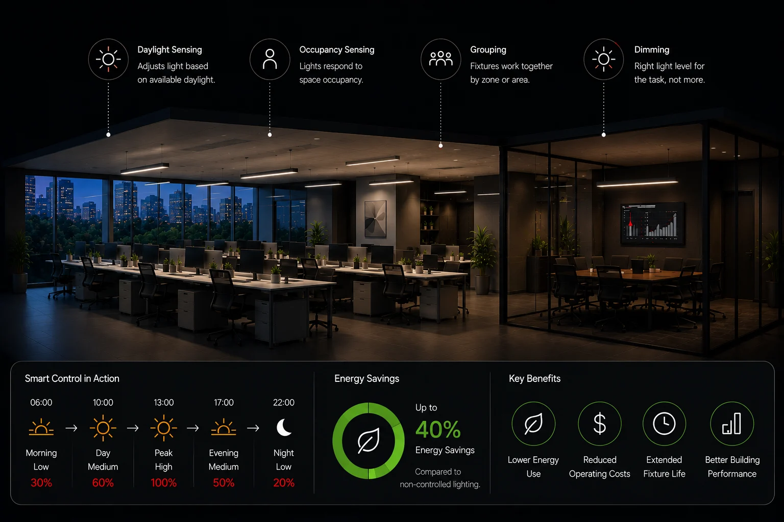 Energy-conscious DALI lighting control using daylight sensing, occupancy sensing, grouping, schedules, and dimming