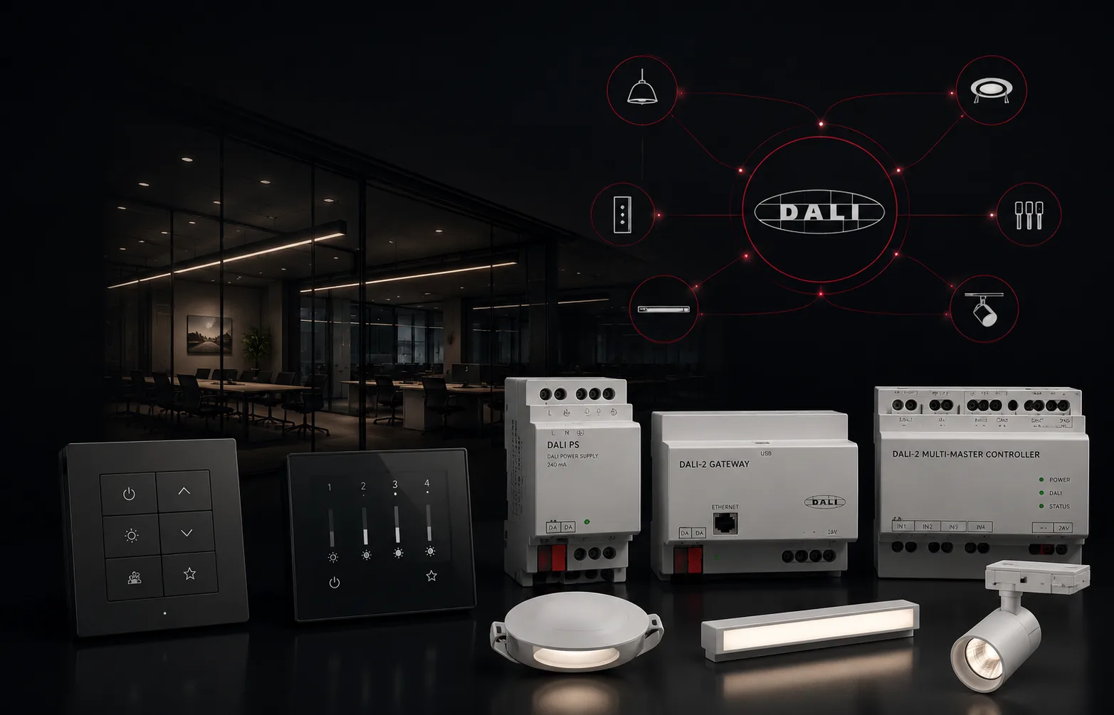 DALI lighting controls, gateways, and fixtures in a modern office