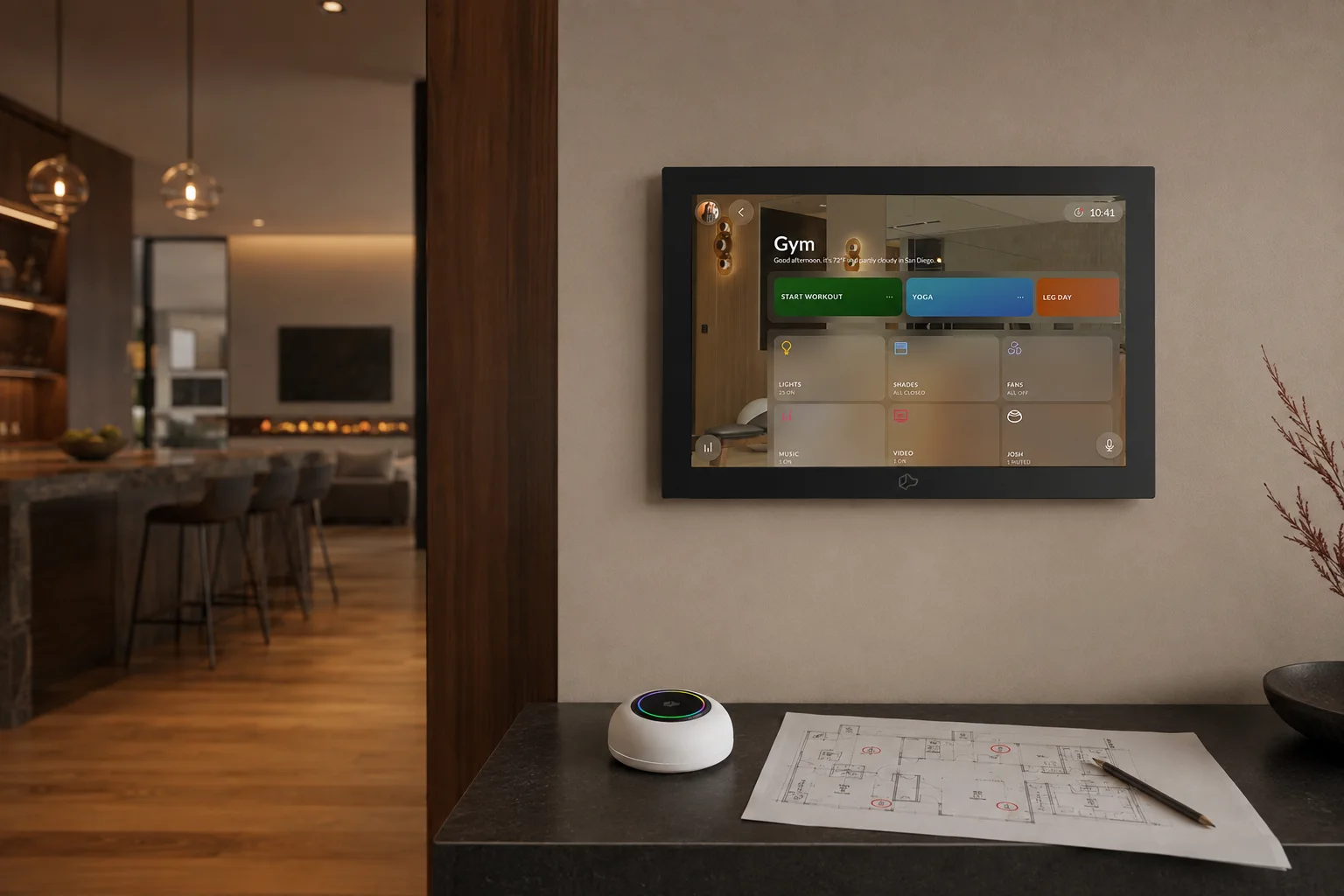 Wall-mounted Josh Touchscreen above a console with Josh Micro and an interface-placement floor plan