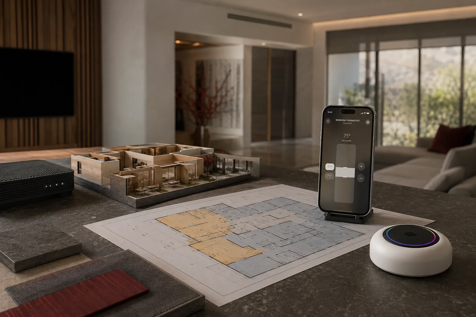 Josh climate app and Micro beside a residential HVAC zoning plan and architectural model