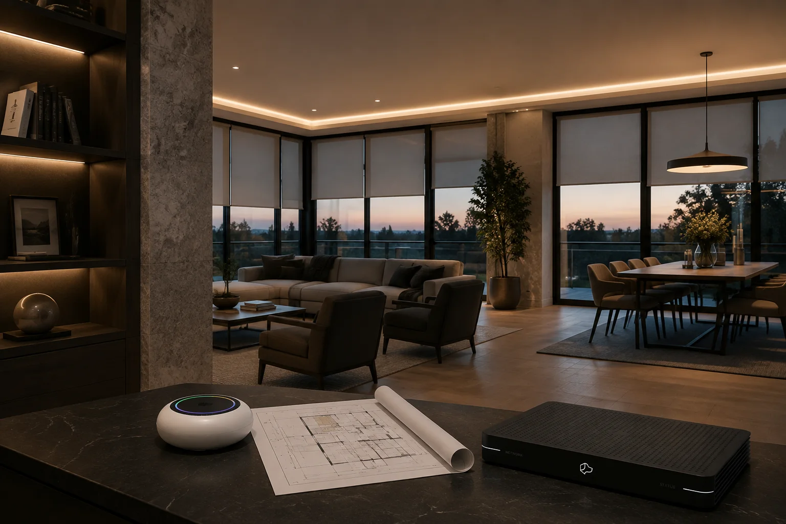 Josh devices and a lighting plan in a living room with layered lighting and motorized roller shades