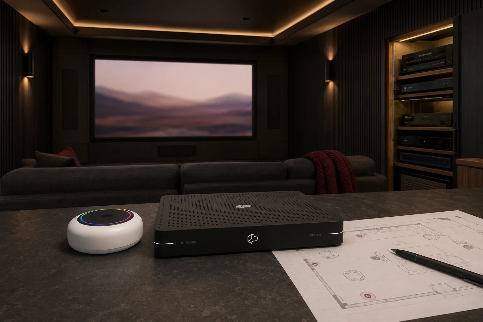 Josh Micro and Core beside a speaker layout in a home theater with an integrated AV rack