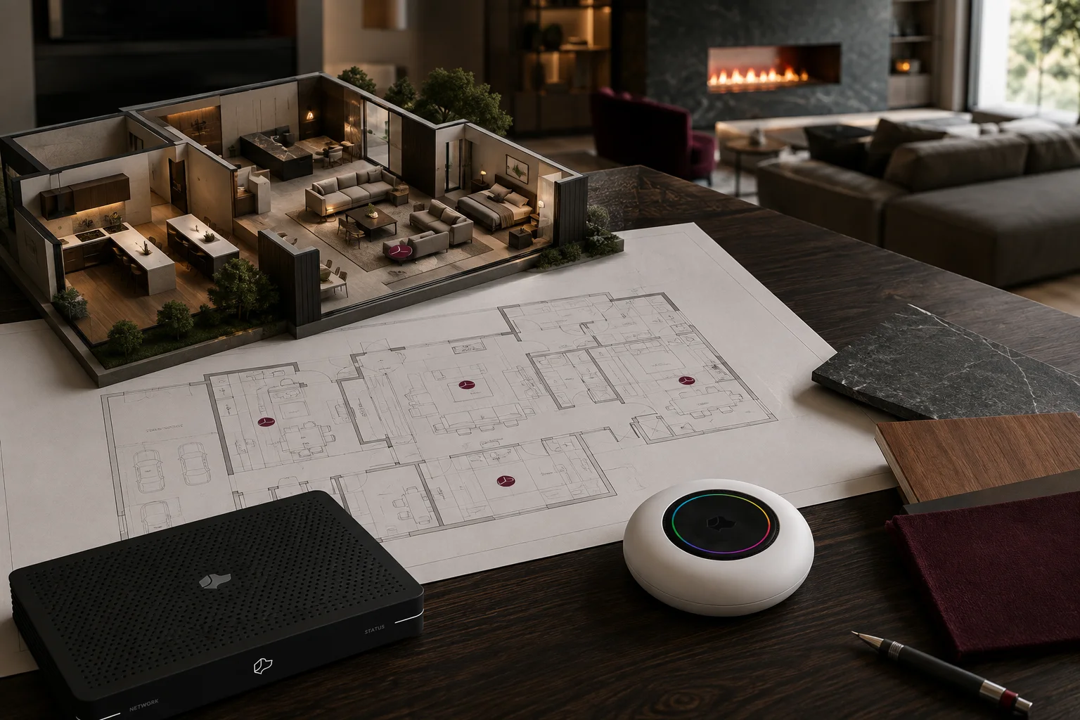 Josh Micro and Core beside a residential floor plan and architectural model for room-by-room voice-control planning
