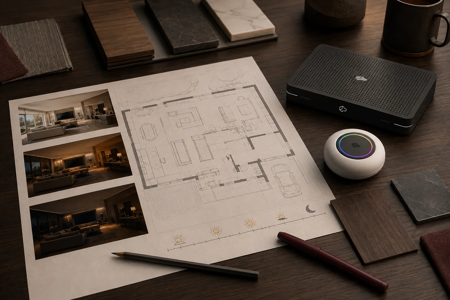 Josh Micro and Core alongside a floor plan and morning, evening, and nighttime scene studies