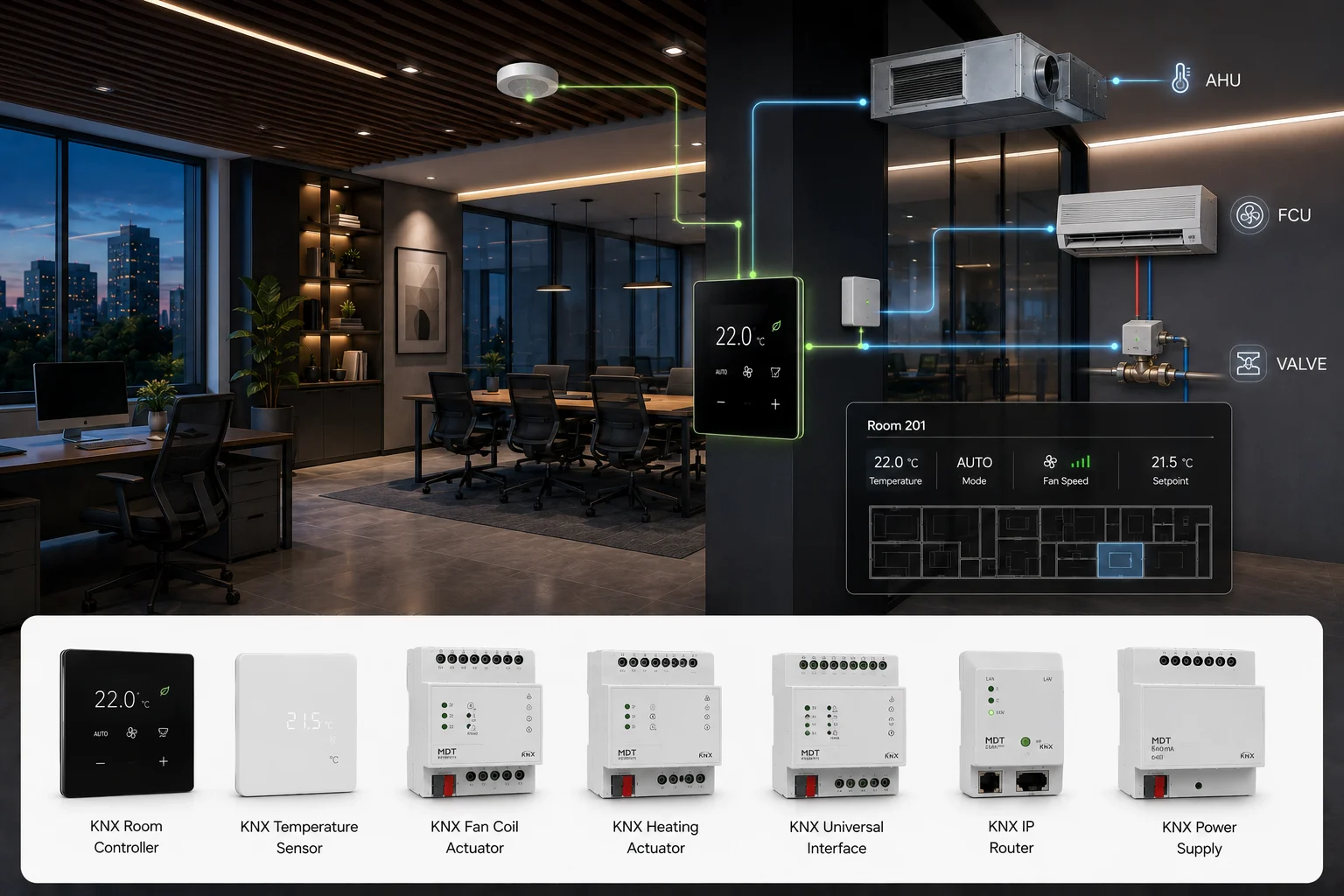 KNX climate integration connecting room controls, temperature sensors, fan coils, heating, and air handling equipment