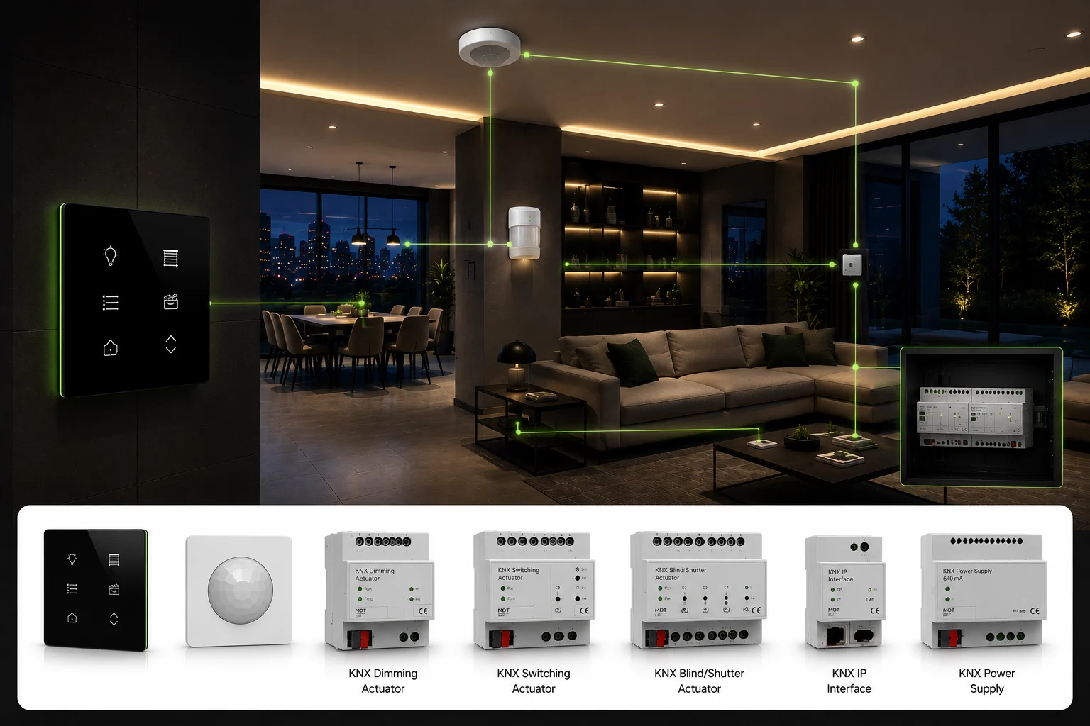 KNX distributed control connecting keypads, sensors, actuators, and a power supply across a modern residence