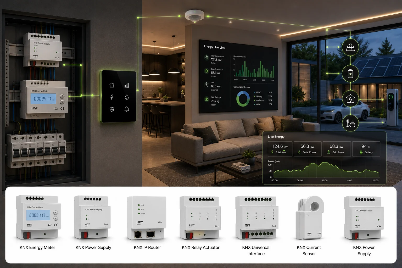 KNX energy monitoring connecting meters, current sensors, actuators, solar generation, battery storage, and EV charging