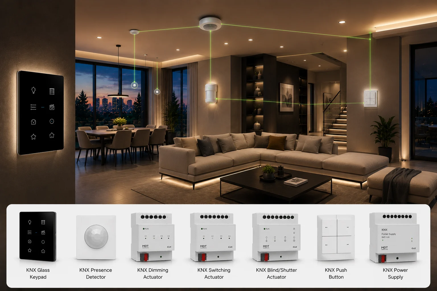 KNX lighting and scene controls connecting keypads, presence sensors, switches, dimmers, and blind actuators