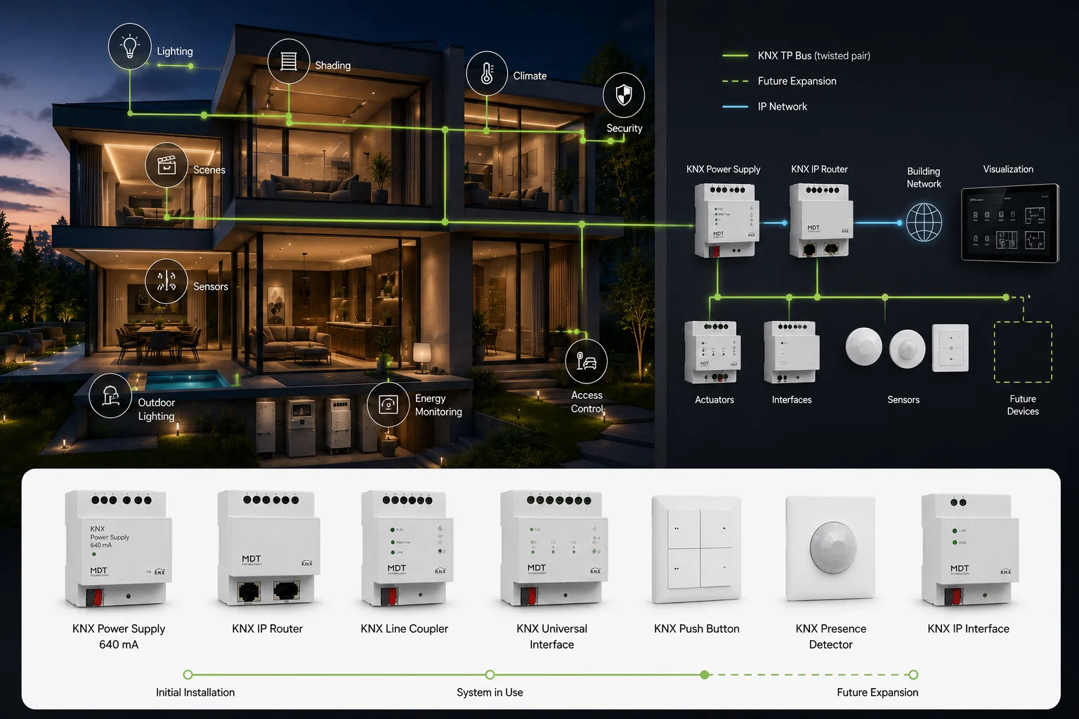 Expandable KNX architecture connecting lighting, shading, climate, security, sensors, energy monitoring, and future devices