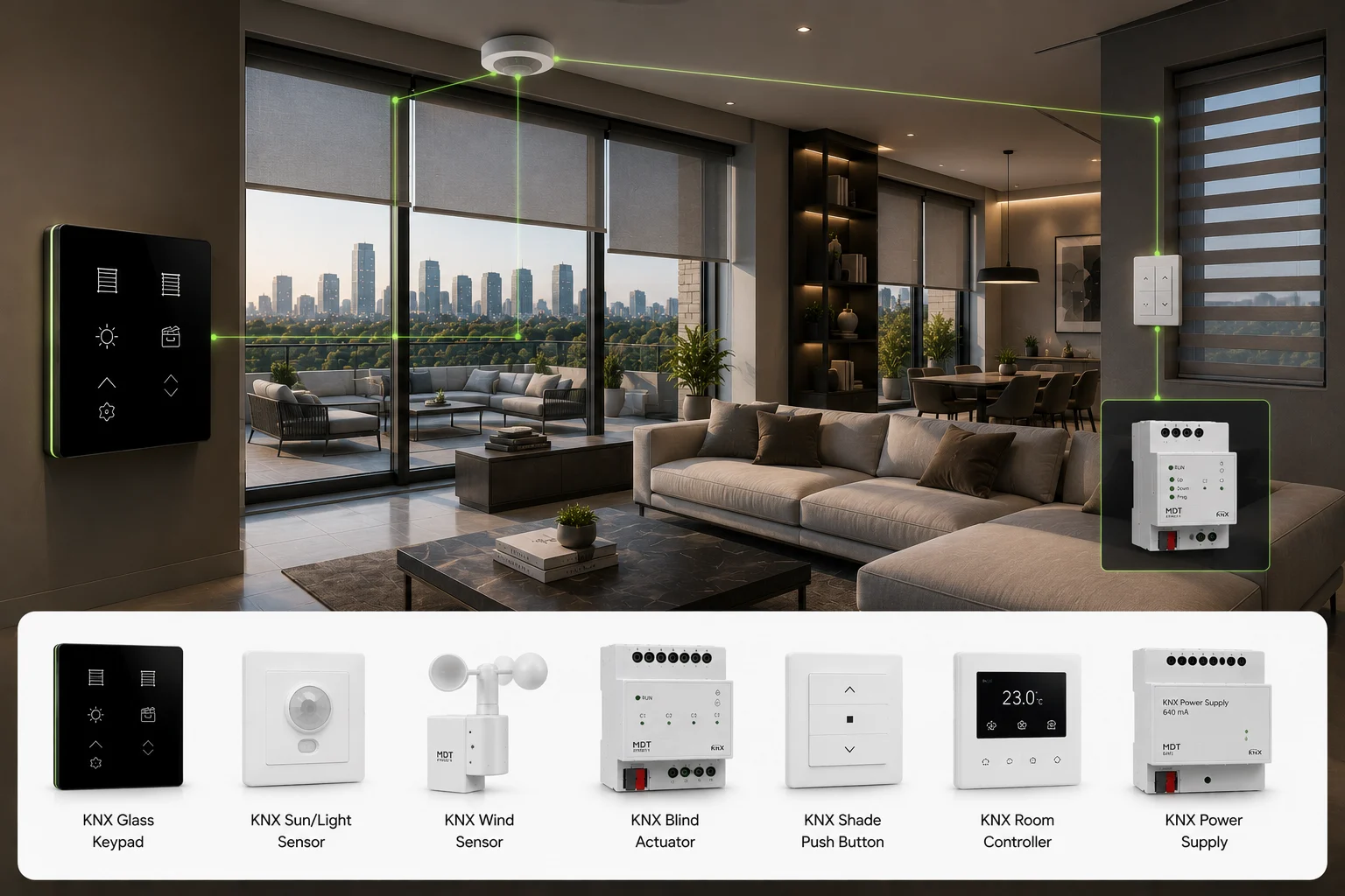 KNX motorized shading controls connecting keypads, weather sensors, blind actuators, and room controls