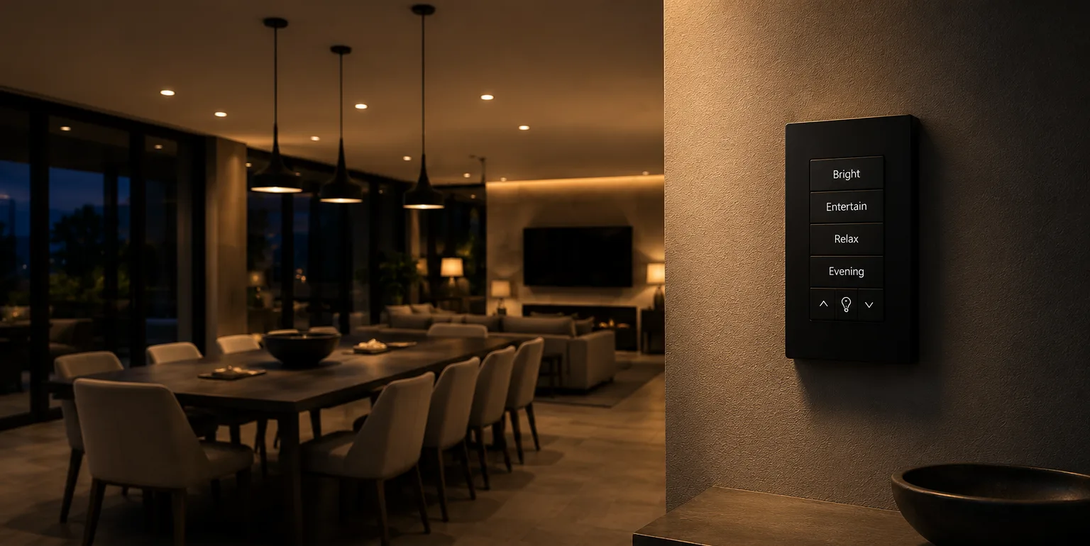 Lutron dimming keypad in a warmly lit dining and living space