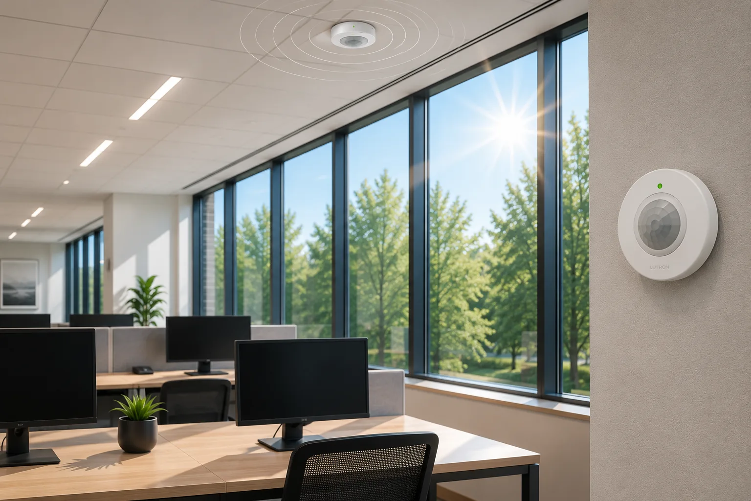 Lutron daylight sensors balancing natural and electric light in a modern office