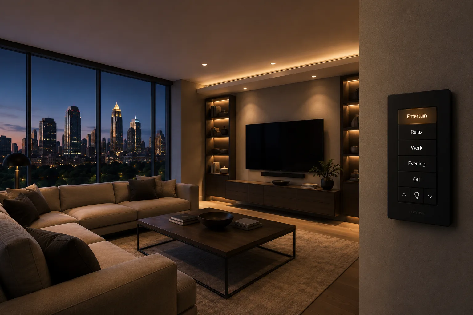 Lutron lighting scene keypad in a warmly lit living room overlooking the city