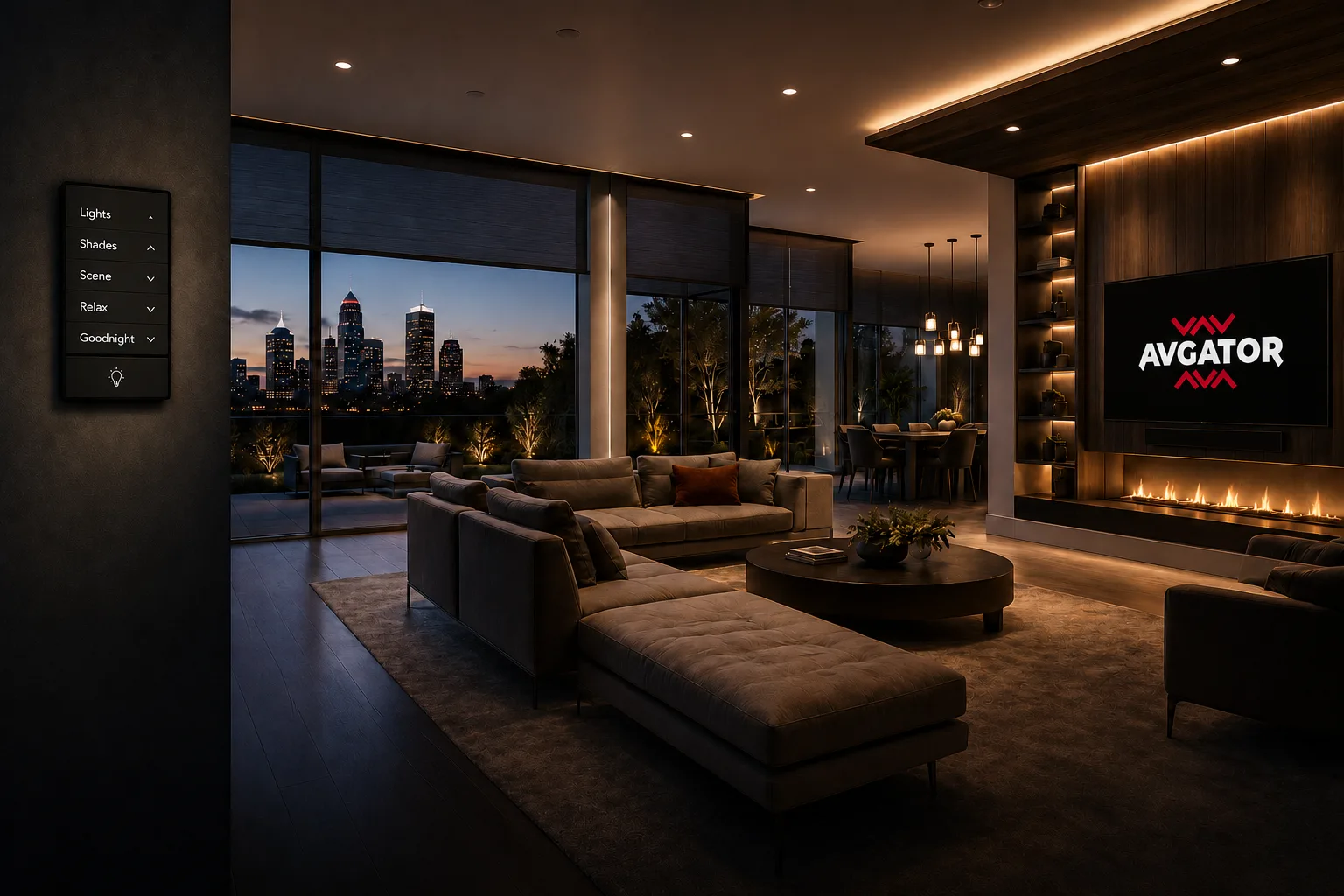 Luxury living room with integrated lighting and motorized shading control
