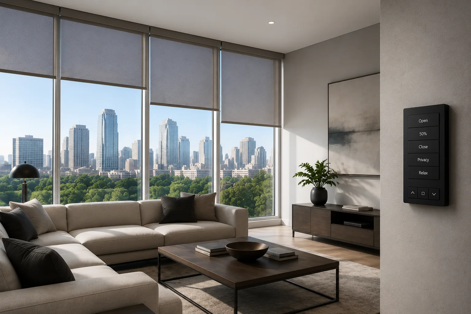 Lutron motorized shades and wall keypad in a bright city-view living room