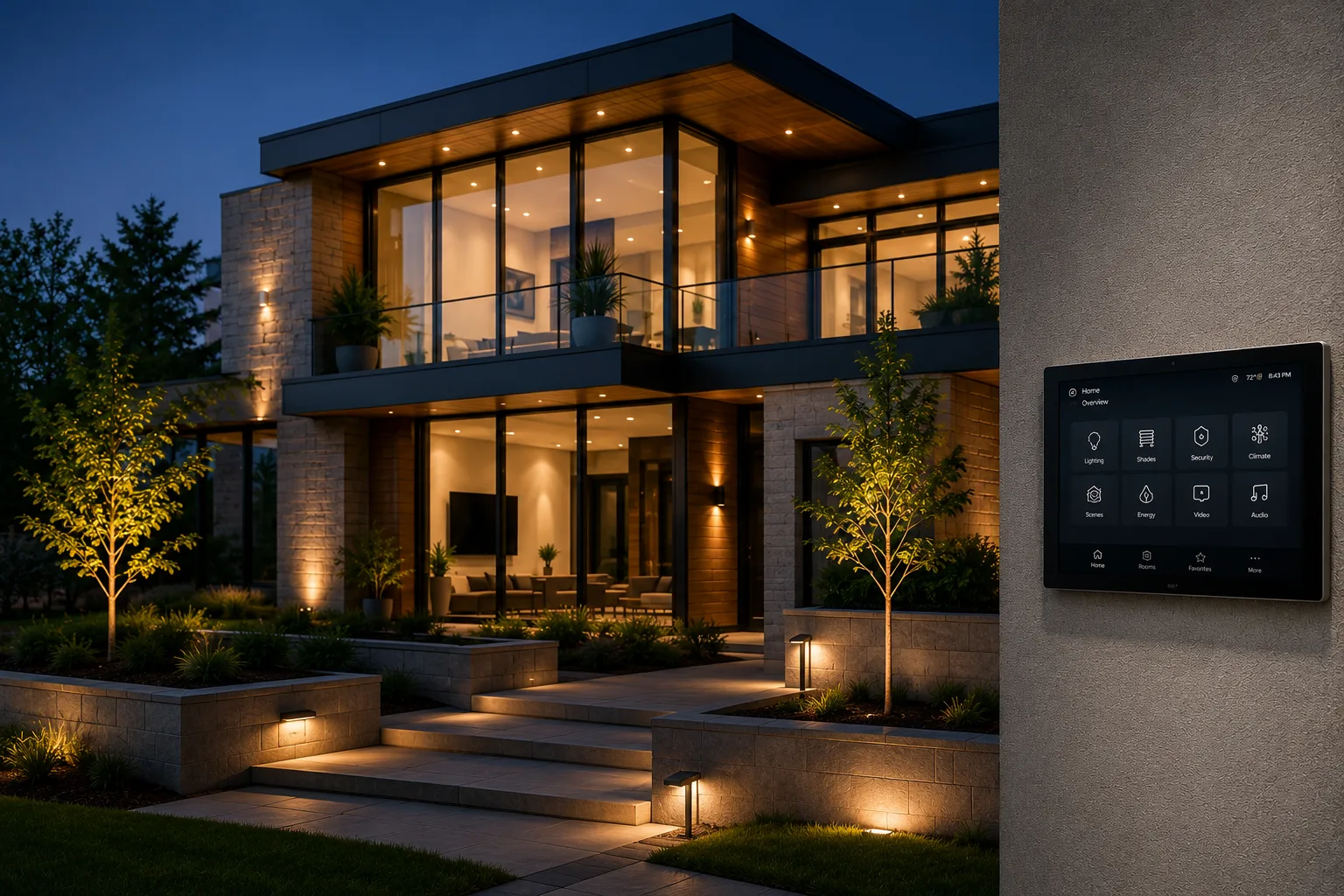Whole-property Lutron control interface on a modern illuminated residence