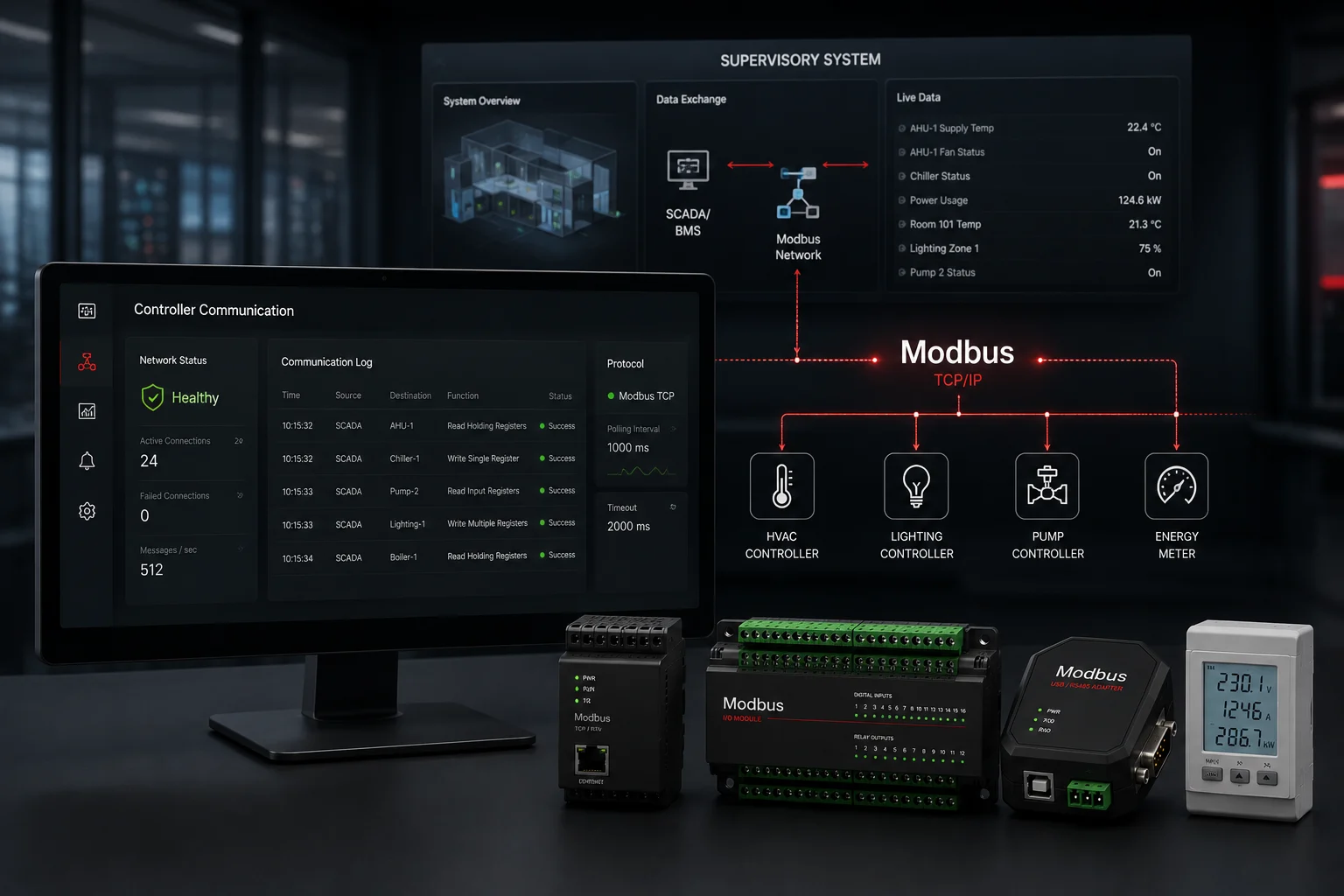 Modbus TCP controller communication between a supervisory system, HVAC, lighting, pump controls, and an energy meter