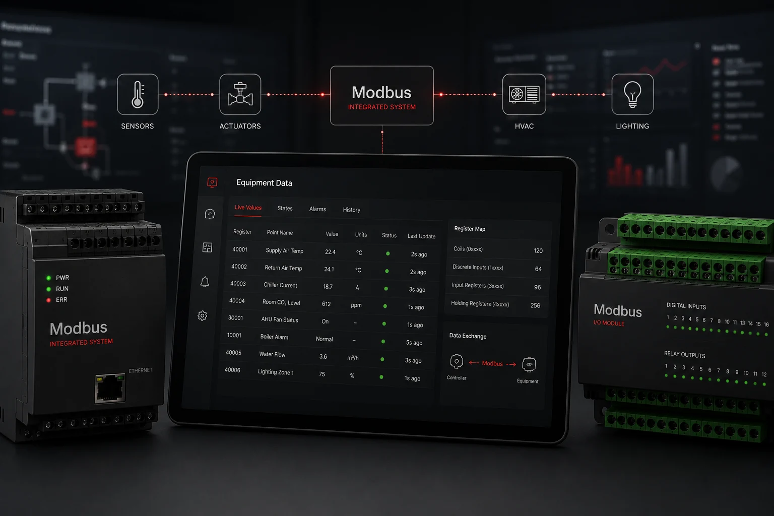 Modbus equipment data interface displaying live values, states, alarms, history, and register information
