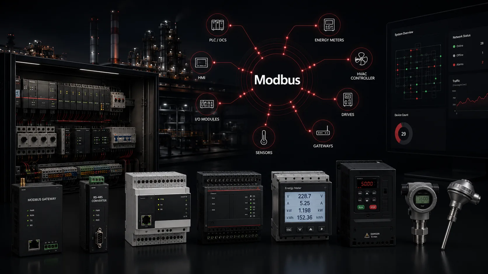 Modbus industrial controls, gateways, sensors, and monitoring dashboard