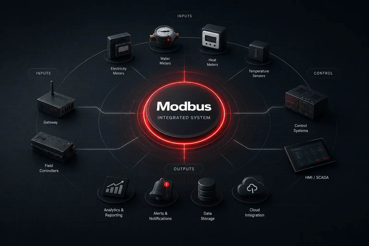 Modbus meter integration connecting electricity, water, heat, and temperature measurements with gateways and supervisory controls