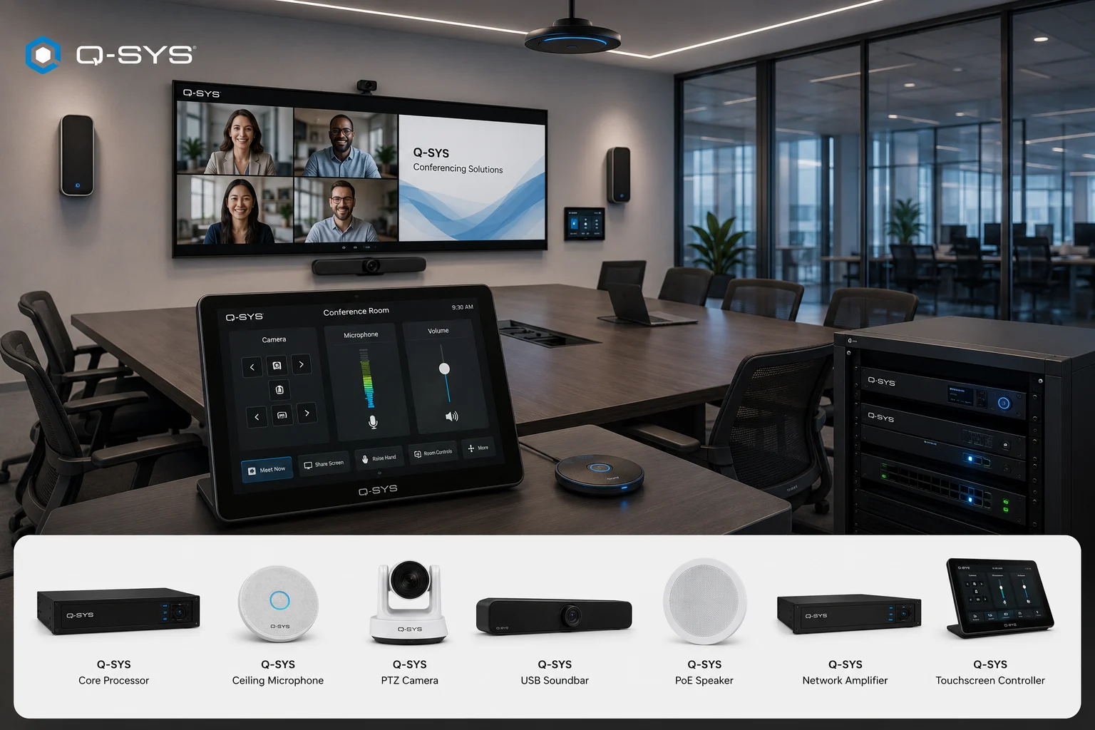 Q-SYS conferencing room with cameras, microphones, speakers, processing, touchscreen control, and video collaboration