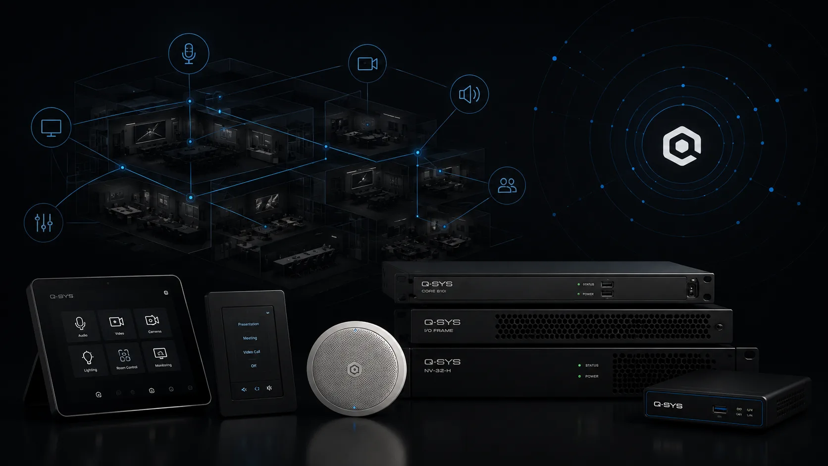 Q-SYS networked audio, video, and control devices across connected rooms