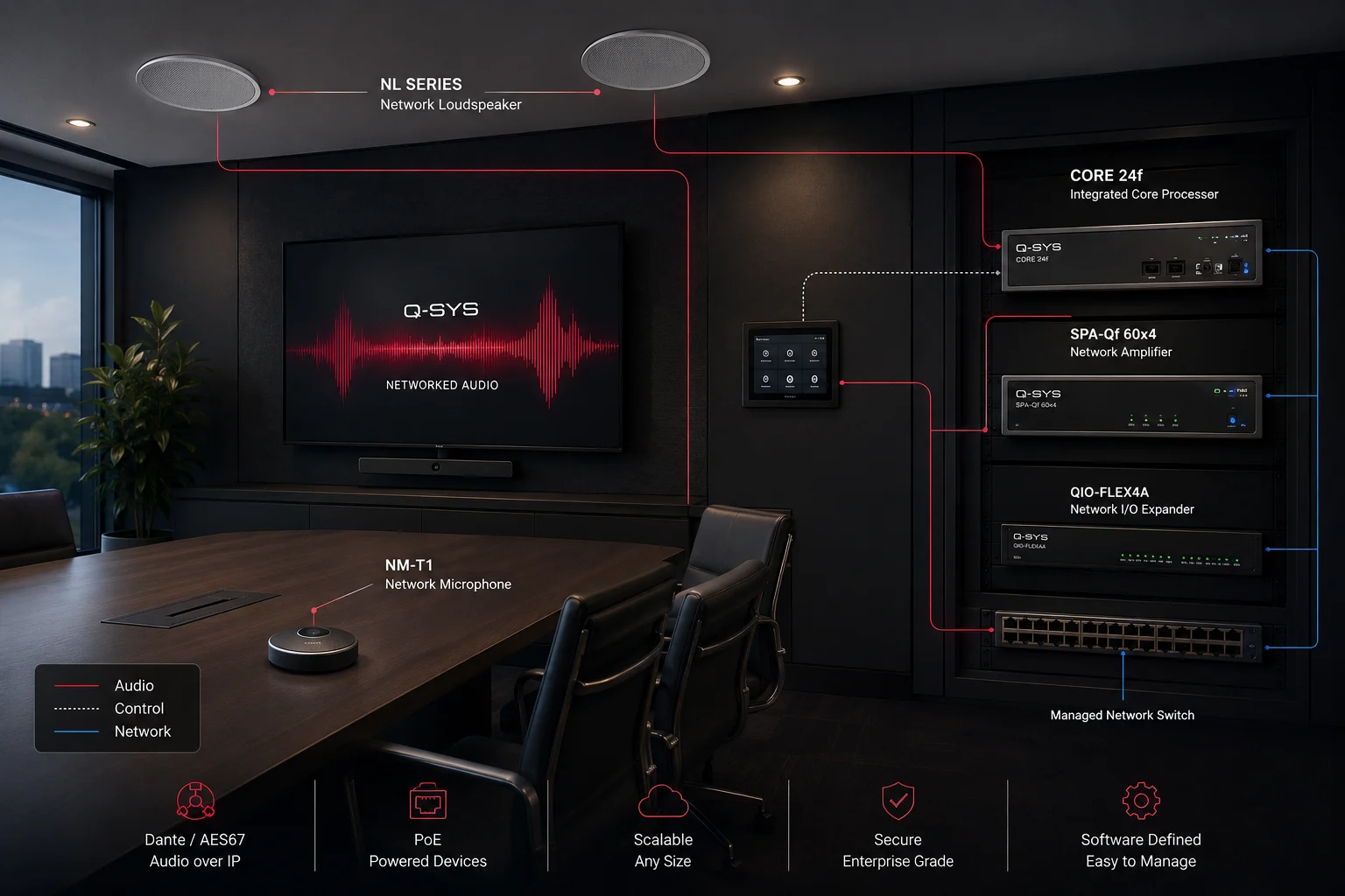 Q-SYS networked audio system connecting microphones, loudspeakers, a Core processor, amplifier, network I/O, touchscreen, and managed switch