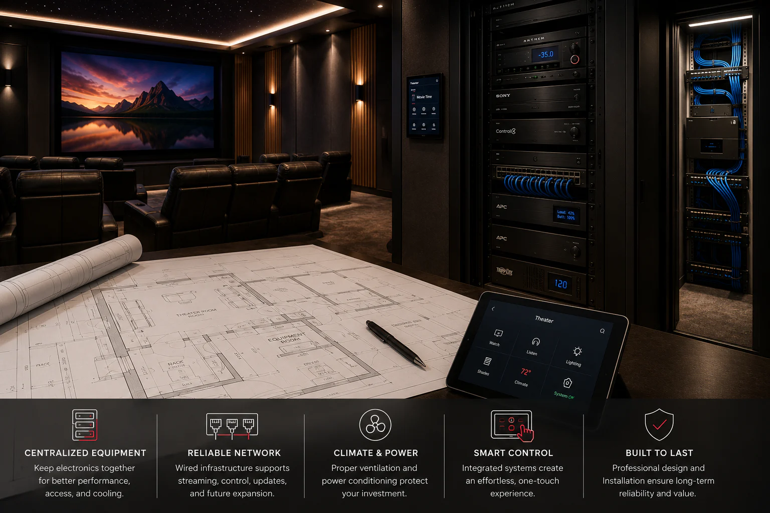 Luxury home theater beside a centralized AV rack, structured network cabling, architectural blueprints, and an integrated control tablet