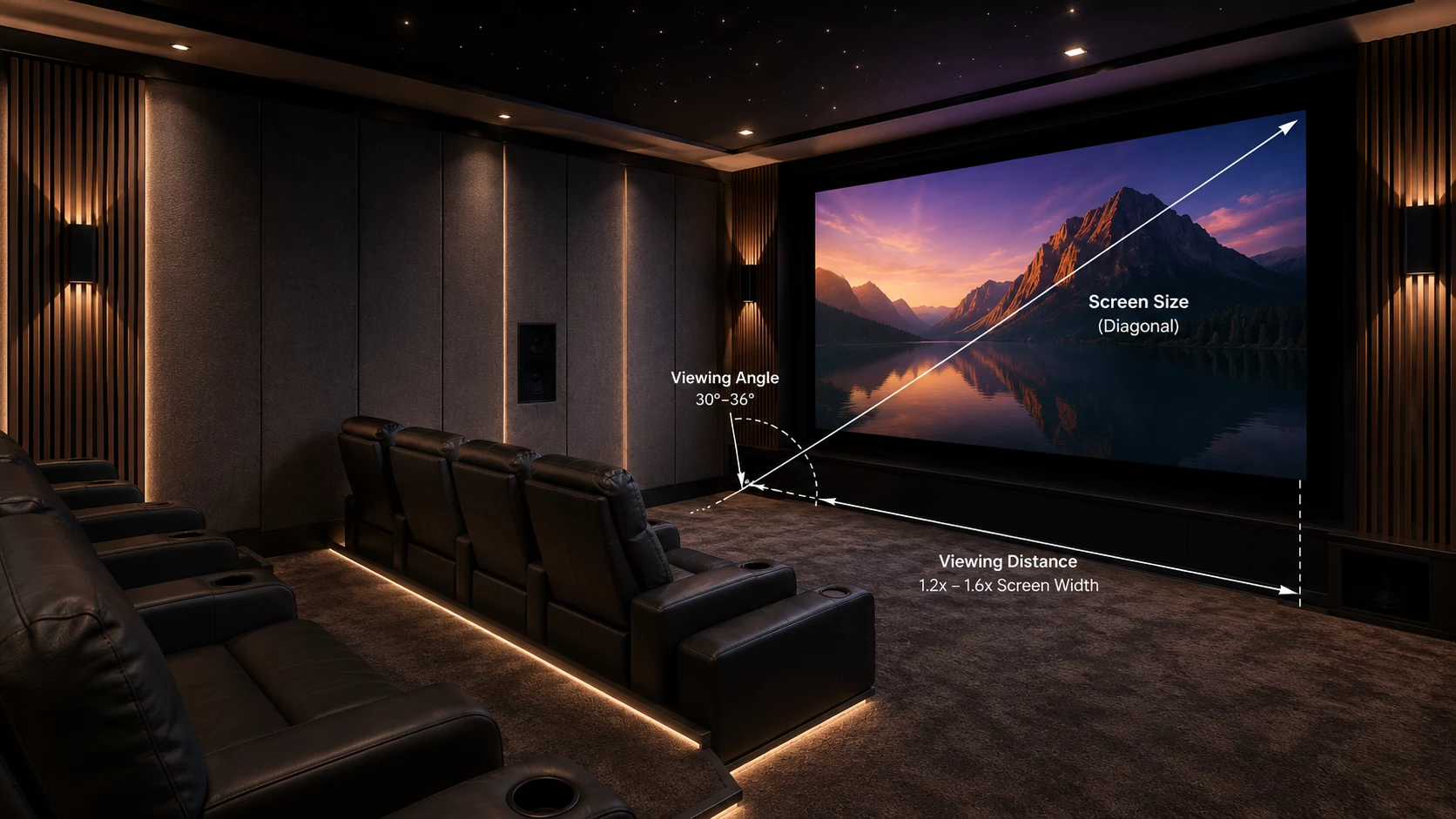 Home theater diagram illustrating screen size, viewing distance, and viewing angle