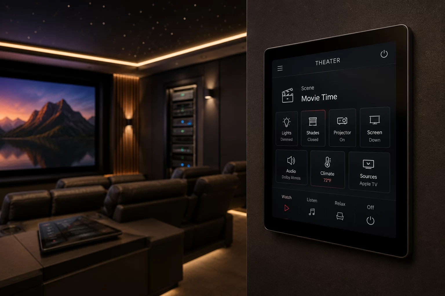 Wall-mounted smart theater control panel coordinating lights, shades, projector, screen, audio, climate, and sources