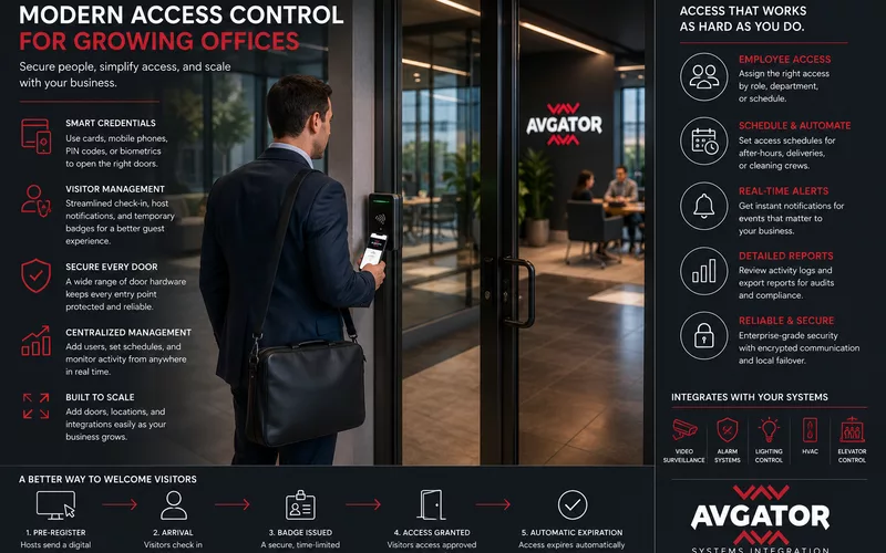 Modern office access-control infographic showing mobile credentials, visitor management, door security, automation, alerts, and system integrations