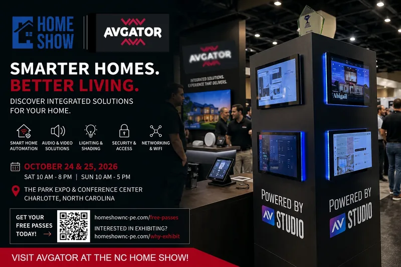 AVgator NC Home Show announcement with event dates, Charlotte location, smart-home services, and integrated home-control displays